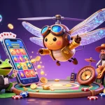 Experience the excitement of BL555 with a dynamic casino scene featuring a dragonfly pilot and a frog croupier.