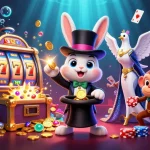 Engage with thrilling kk55 gameplay as a magician rabbit reveals golden coins amidst vibrant casino elements.