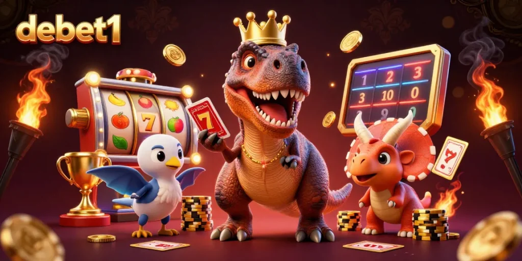 debet1 engages in casino fun with a T-Rex, cards, and colorful slot reels.