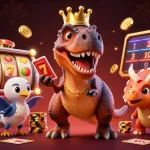 debet1 engages in casino fun with a T-Rex, cards, and colorful slot reels.