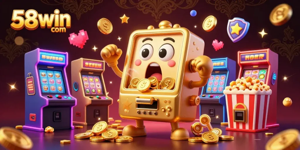 Experience the excitement of 58win com with golden slot machines celebrating jackpots amidst dynamic gaming elements.