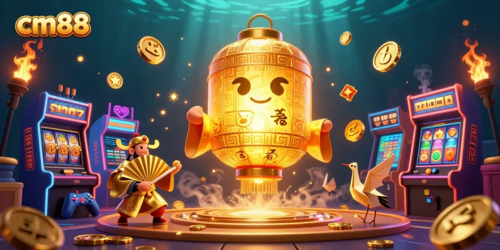 Experience cm88's gaming action with a vibrant night market casino scene and animated golden characters.