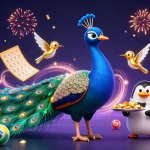 Experience the excitement of iwinclub with a 3D illustration of a peacock, penguin, and hummingbird amidst vibrant casino elements.
