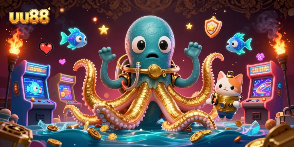 Experience thrilling adventures at uu88 while engaging with a colossal kraken and diving cat in a vibrant casino scene.