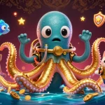 Experience thrilling adventures at uu88 while engaging with a colossal kraken and diving cat in a vibrant casino scene.