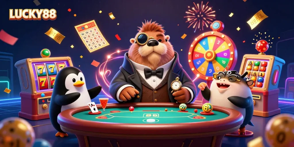 Engage in thrilling gameplay with the LUCKY88 slot, showcasing wins and excitement in a vibrant casino scene.