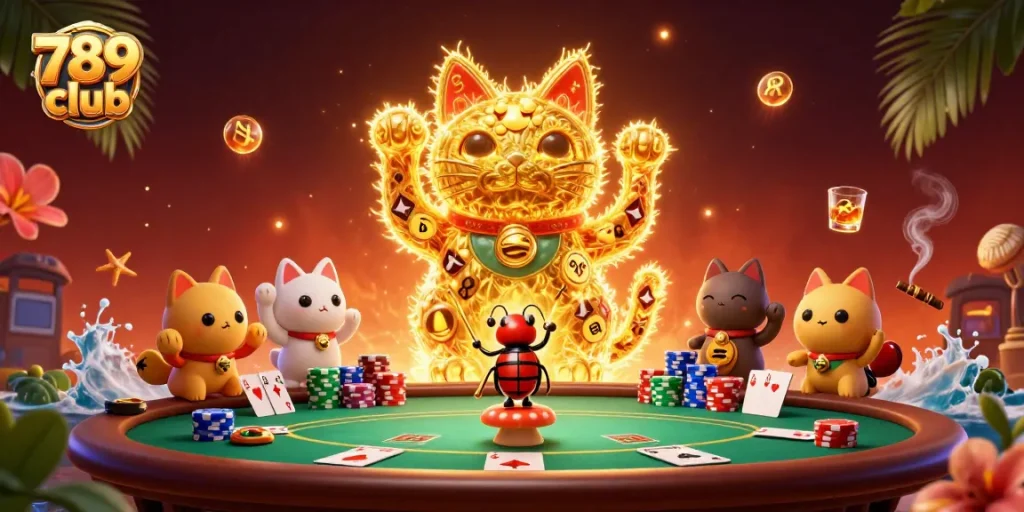 Experience exciting gameplay with 789 club’s golden lucky cat illustration, capturing casino symbols.