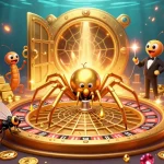 Experience thrilling bets at rik vip with a golden roulette web, vibrant elements, and a lively backdrop.