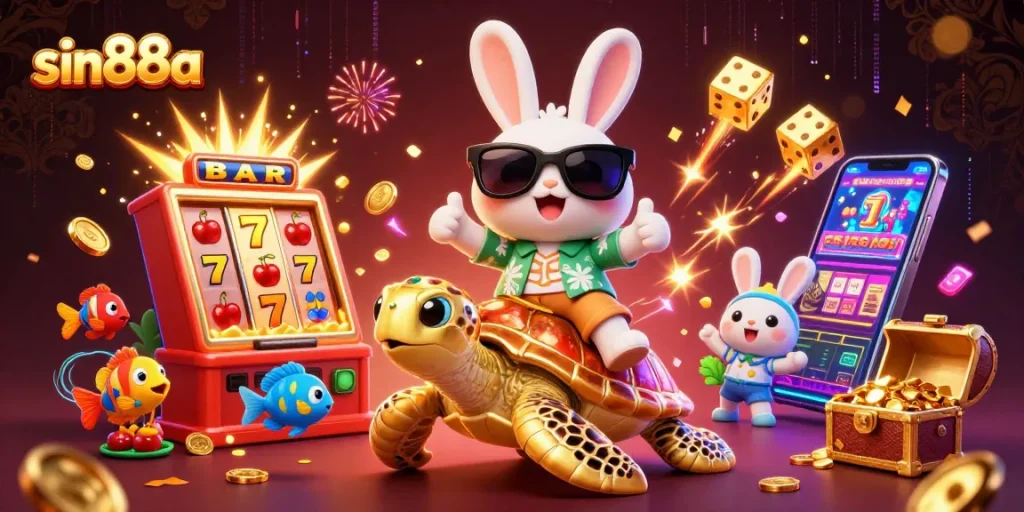 Sin88a showcases a vibrant casino scene with a lucky rabbit and golden turtle amidst a jackpot explosion.