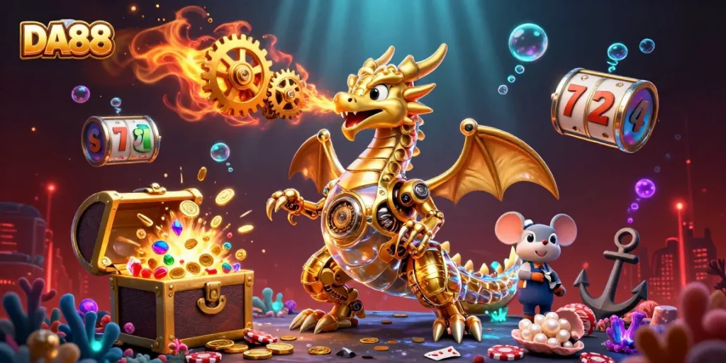 Experience DA88's thrilling atmosphere with a golden dragon and dynamic casino elements.