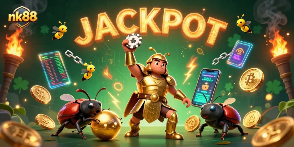 Experience wins at nk88, with a triumphant beetle in armor lifting a poker chip among sparkling casino elements.