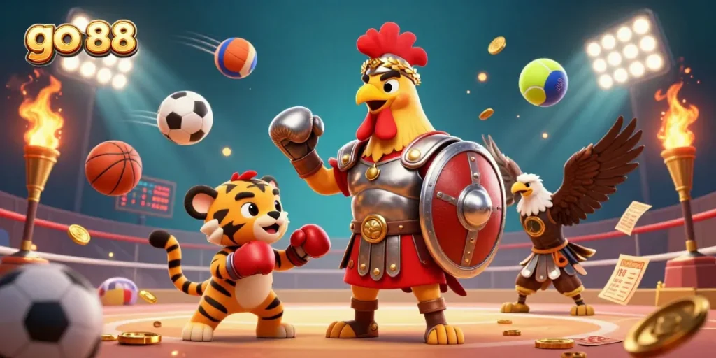Engage in winning strategies with go 88, featuring a gladiator rooster and sports elements in a vibrant arena.