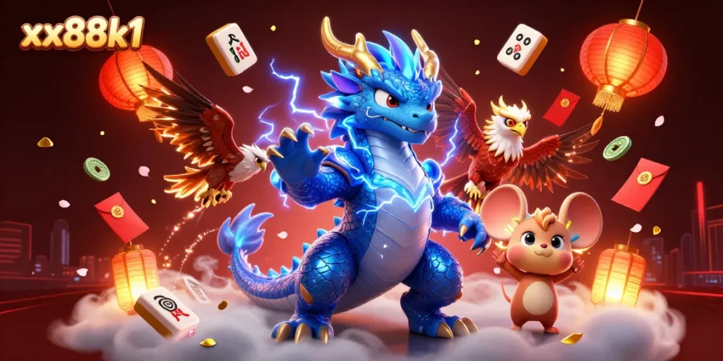 Experience the excitement of gambling adventures with xx88k1's vibrant casino illustration adorned with lucky elements.