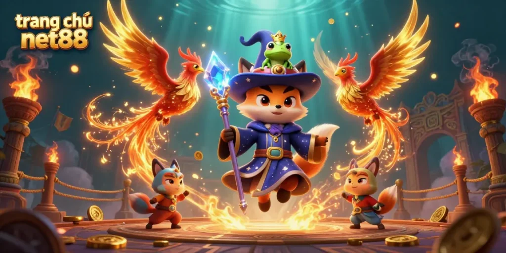 Engage with thrilling adventures at trang chủ net88, showcasing a wizard fox, phoenix, and rich casino elements.