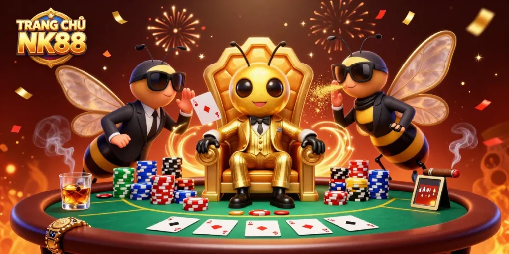 Engaging scene illustrating TRANG CHỦ NK88 with a mob boss bee and poker elements in a lavish setting.