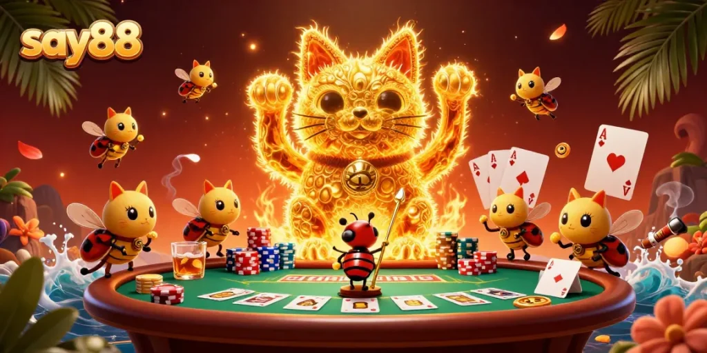 Experience the magic of say88 as a lucky cat emerges from golden fireflies at a vibrant casino.