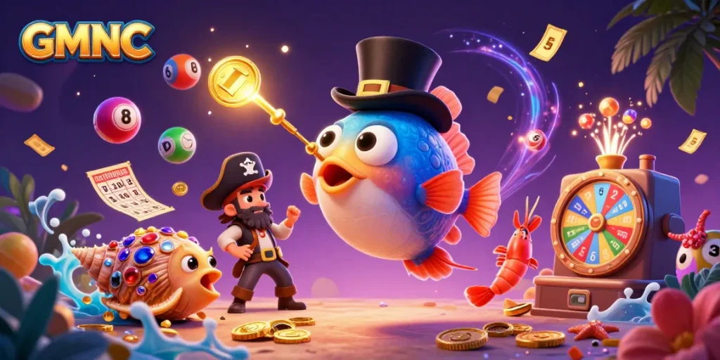 Engage with GMNC's exciting gambling world, featuring playful characters amid vibrant casino elements.
