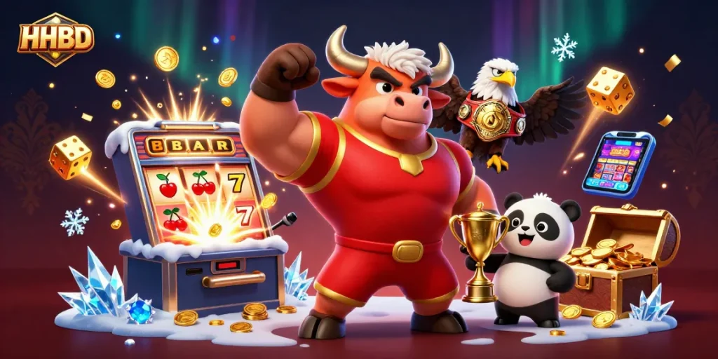 Experience excitement at HHBD with a vibrant illustration of a casino scene featuring a bull, eagle, and panda.