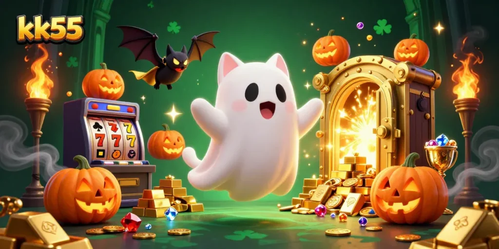 Engage with thrilling jackpots at kk55 with a ghost cat, bat, and glowing poker jack-o-lanterns.