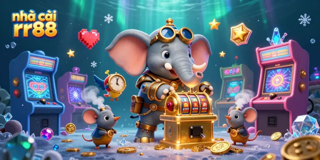 Engaging scene of nhà cái rr88 featuring a cartoon steampunk elephant with a slot machine, vibrant gaming elements.