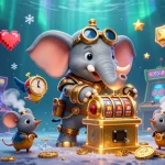 Engaging scene of nhà cái rr88 featuring a cartoon steampunk elephant with a slot machine, vibrant gaming elements.