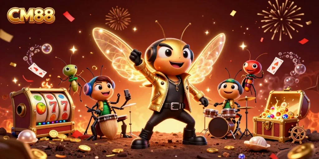 Experience the thrill of CM88 with a vibrant 3D casino scene featuring a rock star cicada and exciting game elements.