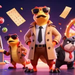 Experience the thrill of go8s as three raptors in disguise attempt entry into a VIP casino with colorful lottery elements.