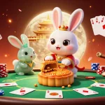 Experience thrilling poker action with VIPWIN's captivating 3D illustration featuring a moon rabbit and vibrant casino elements.