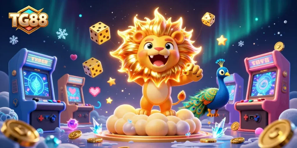 Play TG88 in a dynamic casino scene featuring vibrant characters, colorful gaming elements, and engaging visuals.