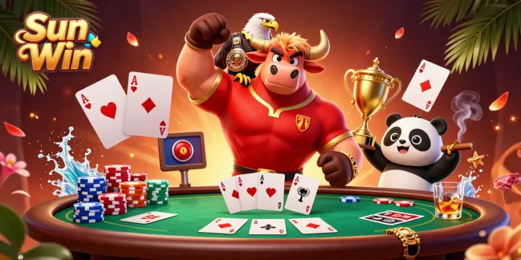 Experience the thrill at Sun Win with a victorious bull mascot, eagle, and panda amidst vibrant poker action.