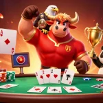Experience the thrill at Sun Win with a victorious bull mascot, eagle, and panda amidst vibrant poker action.