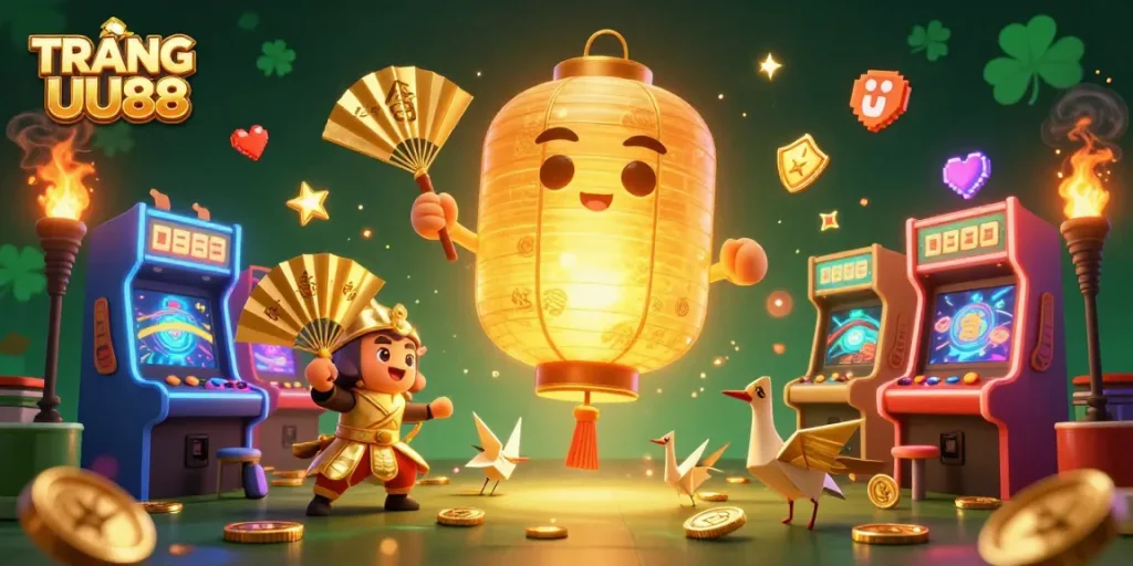 Experience the excitement of TRANG CHỦ UU88 with animated symbols and vibrant casino elements in a dynamic 3D illustration.