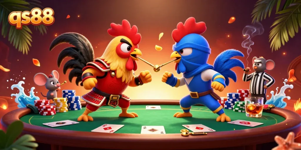 Experience the thrilling standoff between roosters in a dynamic qs88 casino scene filled with poker action.