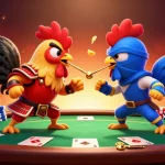 Experience the thrilling standoff between roosters in a dynamic qs88 casino scene filled with poker action.