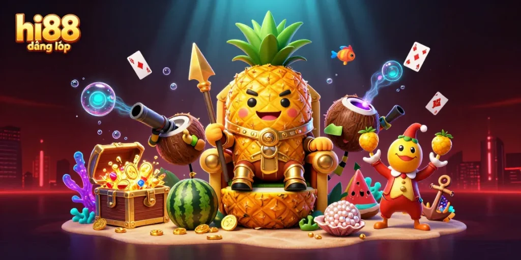 Engage in hi88 đăng nhập at a vibrant beach casino scene featuring a golden pineapple king and dynamic game elements.
