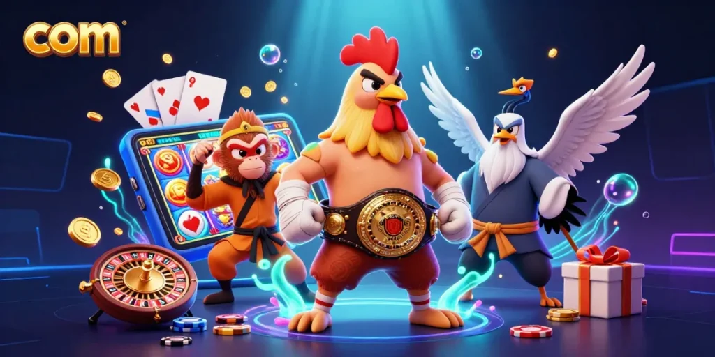 Bet on com and spin the colorful slot reels while a Muay Thai rooster and martial artists celebrate