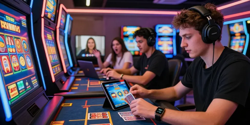 Sunwin online gaming players enjoying diverse card games in a vibrant casino setting, showcasing excitement and engagement.