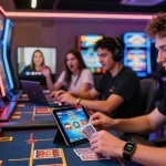 Sunwin online gaming players enjoying diverse card games in a vibrant casino setting, showcasing excitement and engagement.
