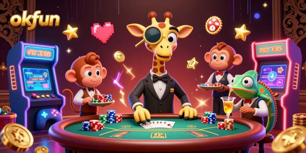 Play exciting games at okfun with a high-roller giraffe and vibrant gaming machines.