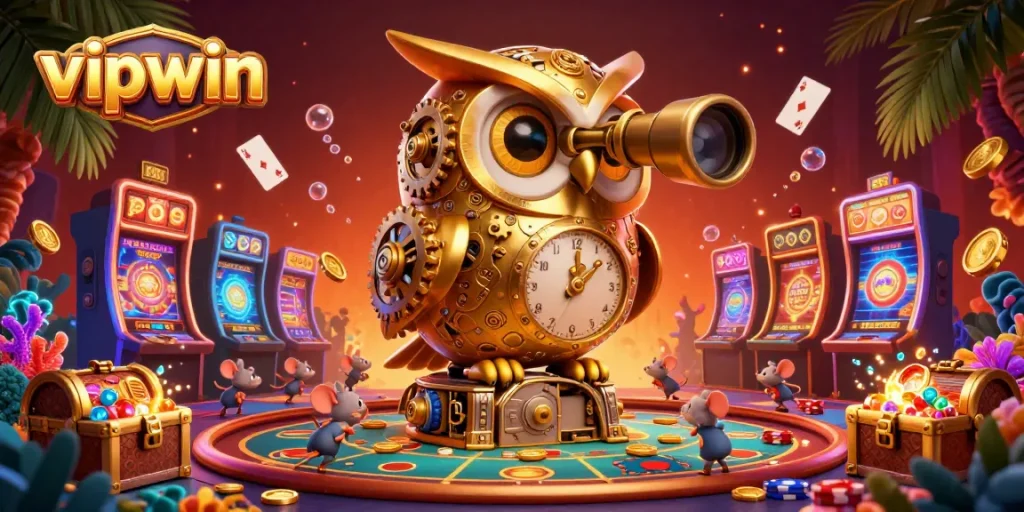 Engage in thrilling gaming at vipwin with lively characters exploring colorful slot machines and treasure.