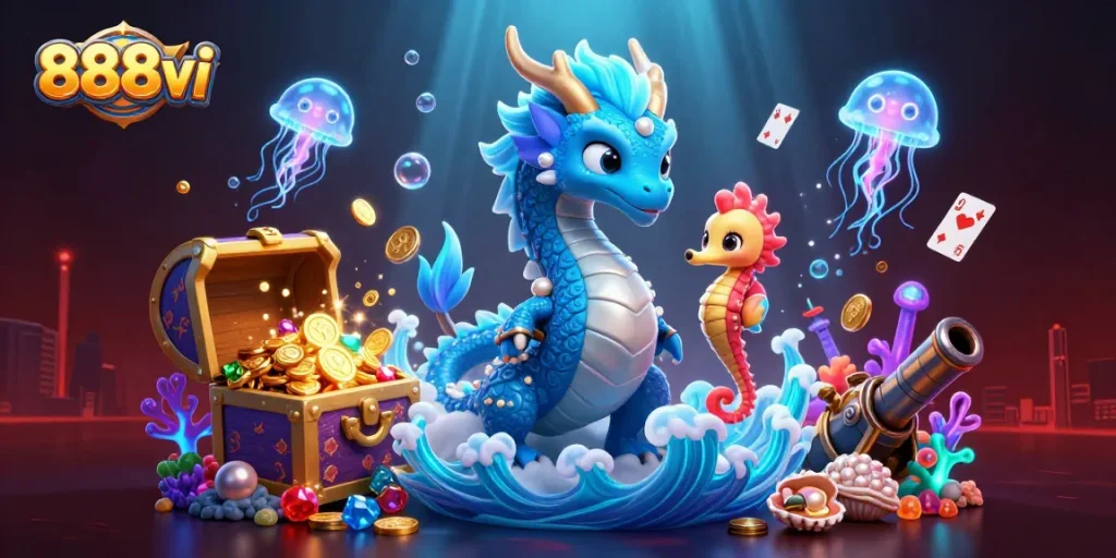 Immerse in the 888vi gaming adventure with vibrant underwater characters and treasures.