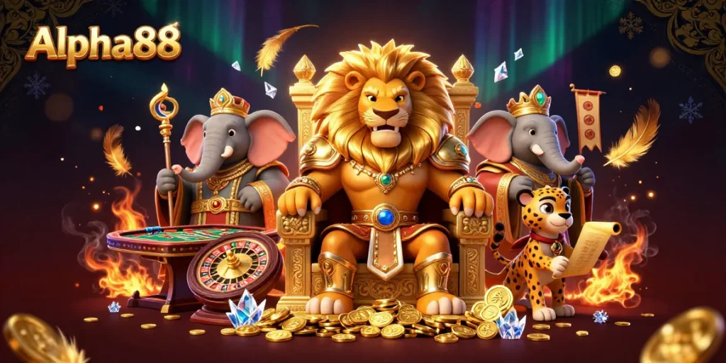 Alpha88 welcomes players with a vibrant, detailed casino scene featuring a fierce lion king.
