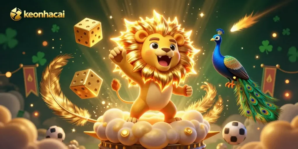 Experience the thrill of keonhacai betting with a roaring sun lion and dynamic sports elements.