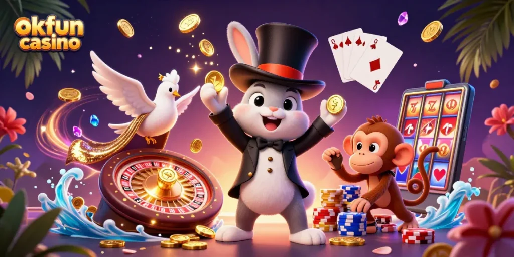 Experience excitement at okfun casino with vibrant 3D illustration of a magician pulling coins and a monkey with poker chips.