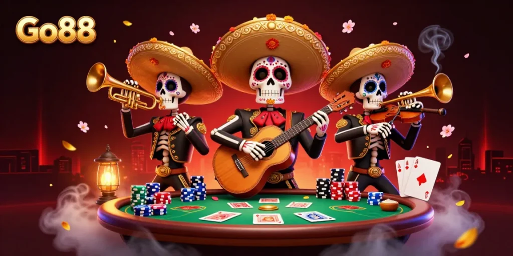 Experience vibrant Go88 gaming with a lively mariachi scene amid poker excitement and colorful casino elements.
