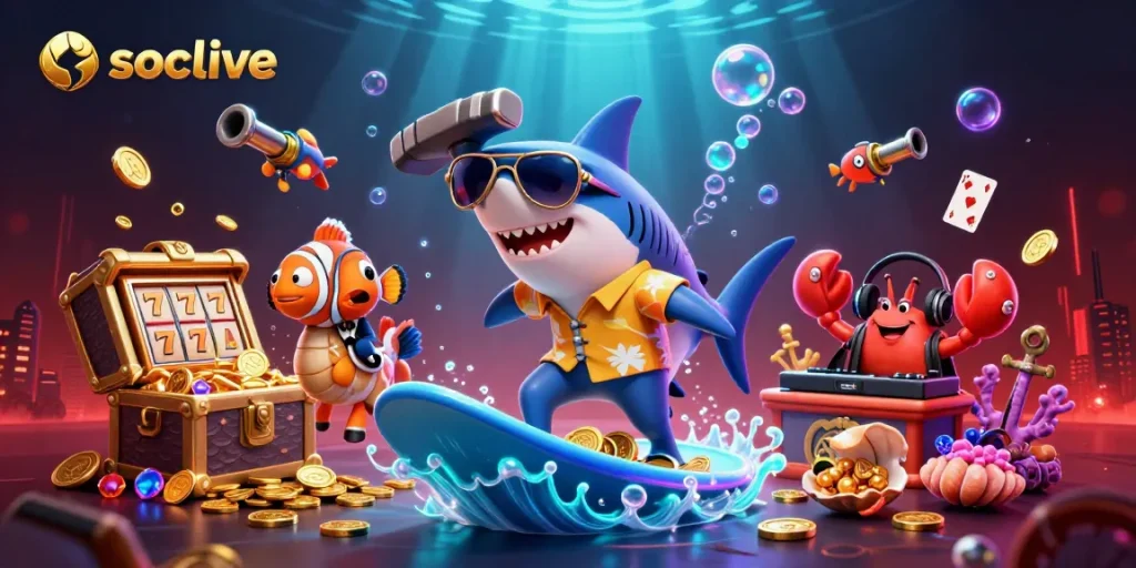 Socolive brings vibrant casino excitement, showcasing a shark surfing on gold coins amidst slots and underwater treasures.