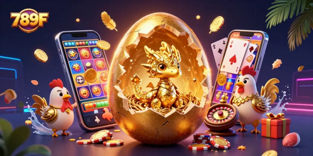 Engage with the thrilling world of 789F as a golden dragon emerges from a jackpot egg amidst vibrant casino elements.