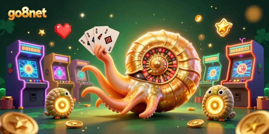 Experience thrilling gameplay at go8net with a vibrant 3D casino scene showcasing a giant nautilus and glowing ammonites.