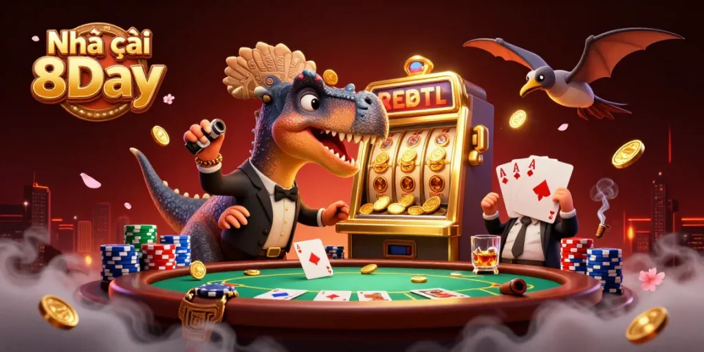 Experience thrilling wins at Nhà cái 8Day with vibrant casino action featuring playful characters and a dynamic gambling scene.