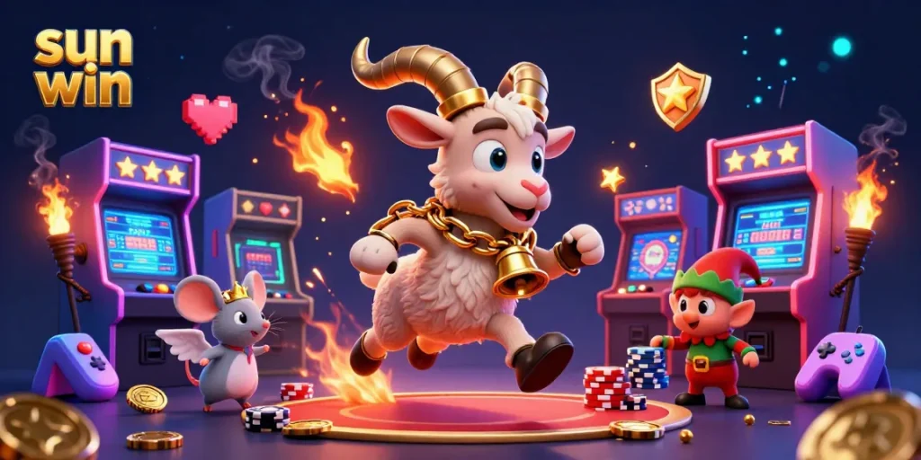 Experience thrilling gameplay with sun win's festive casino scene featuring Krampus, a mouse, and mischievous gremlins.
